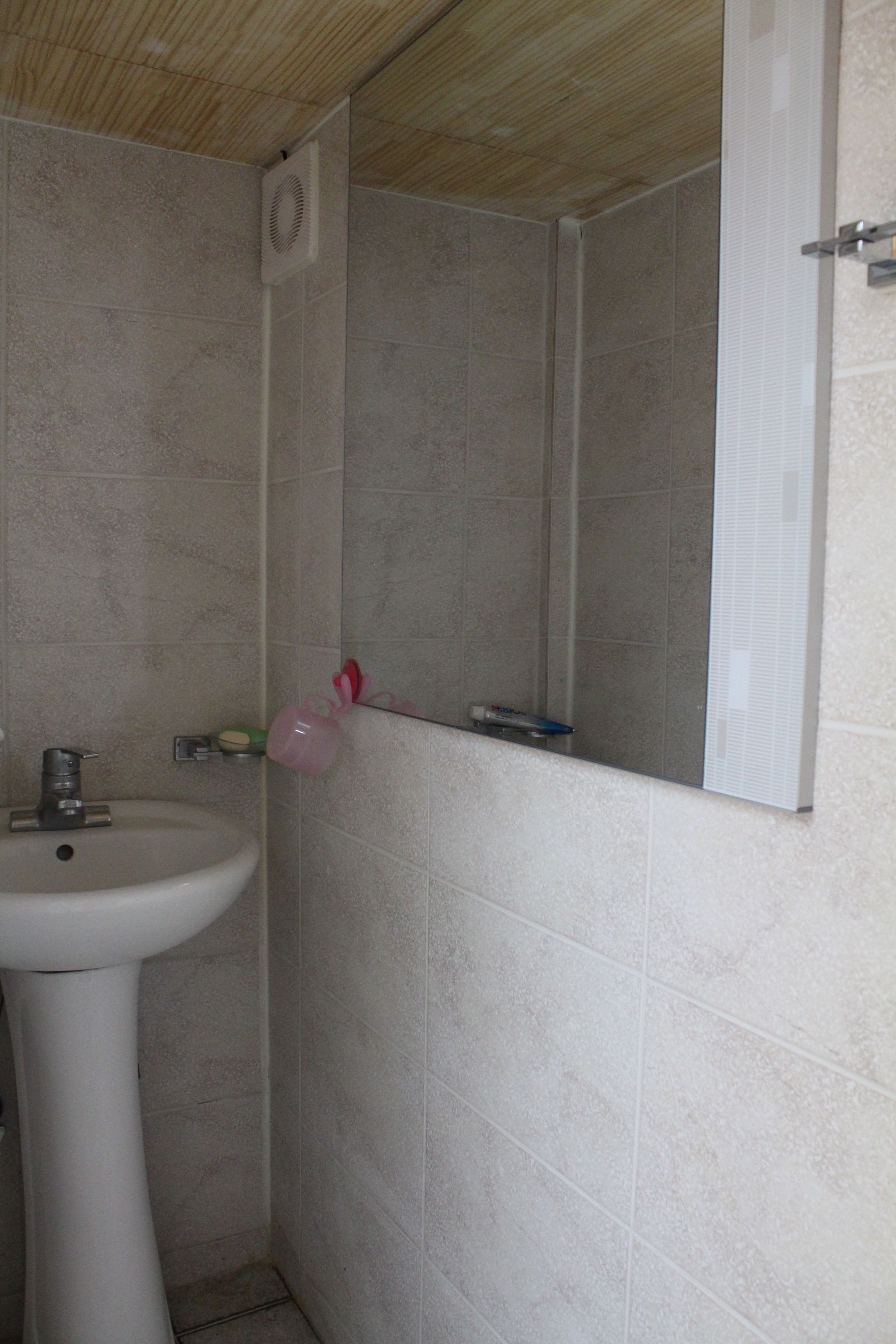 Une salle de bain avec un lavabo blanc, un miroir et un espace douche.