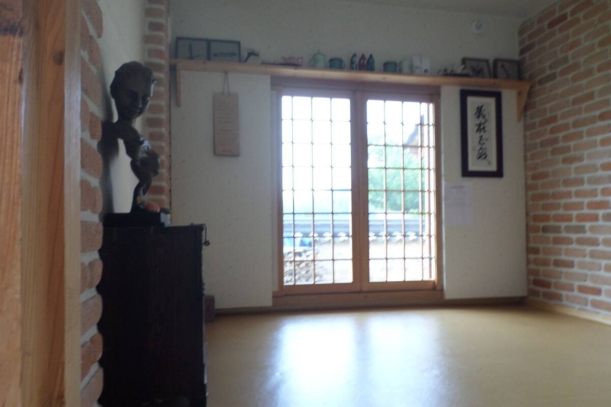 A room with a wooden floor, a sliding glass door, a brick wall, and a shelf with various items.