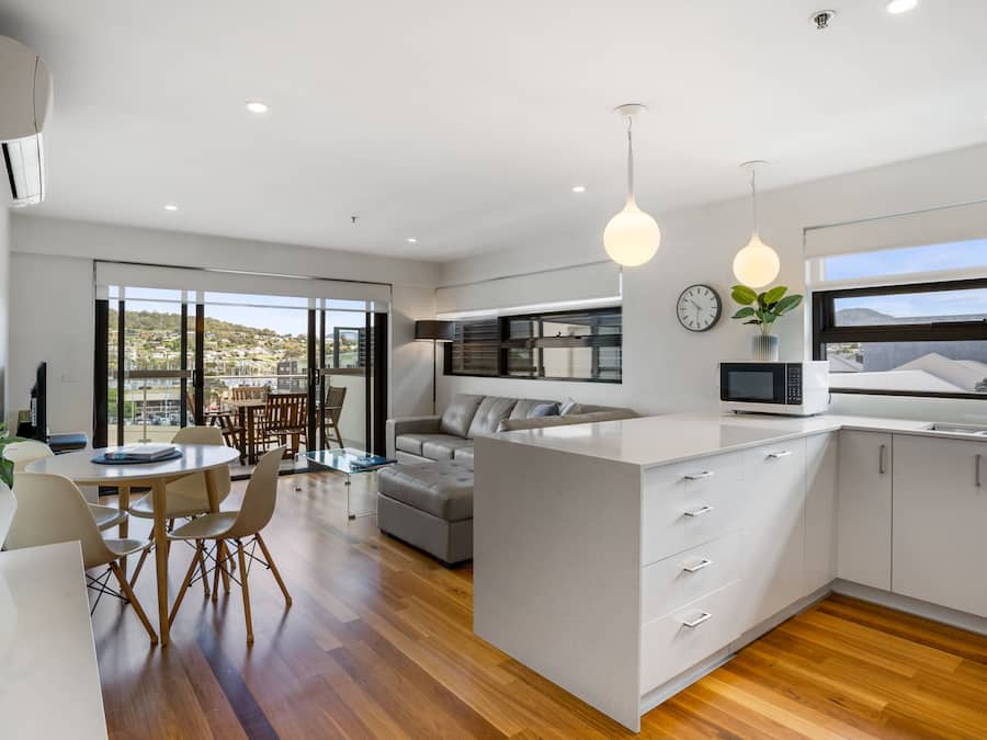 Apartment 8 | Private kitchen | Full-size fridge, microwave, oven, stovetop