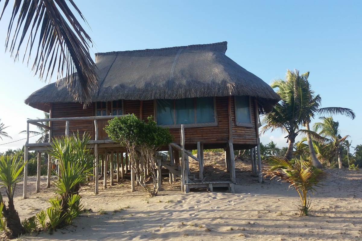 A wooden structure with a thatched roof, elevated on stilts, surrounded by palm trees and sand.