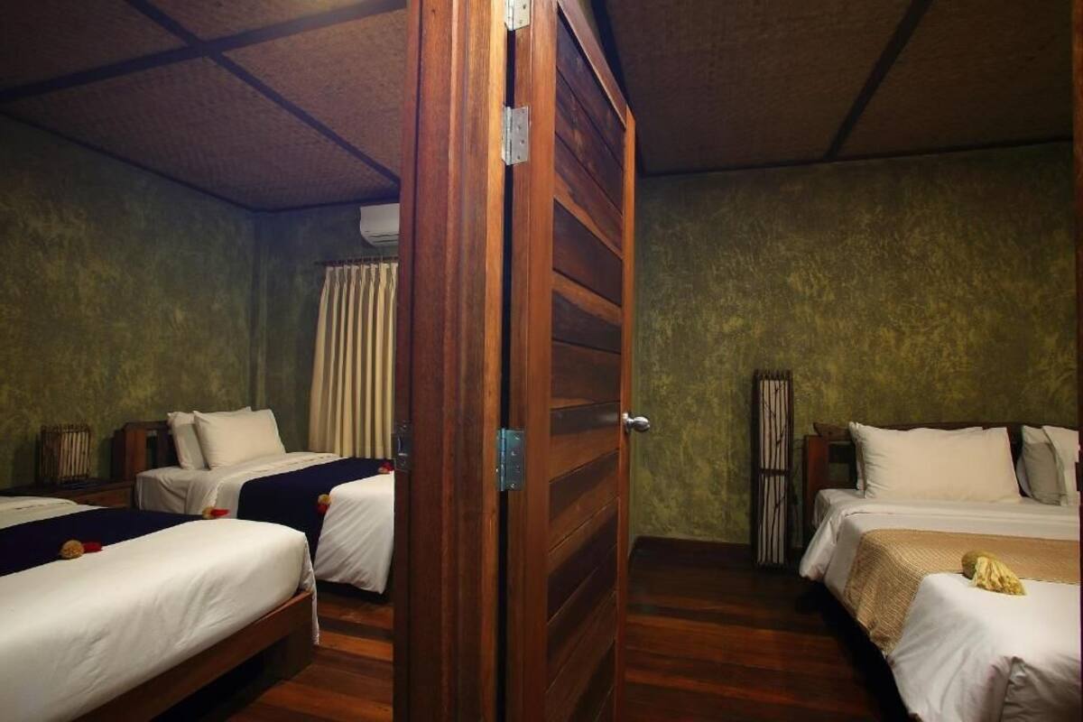 A room with two beds, a wooden door, and a curtain.