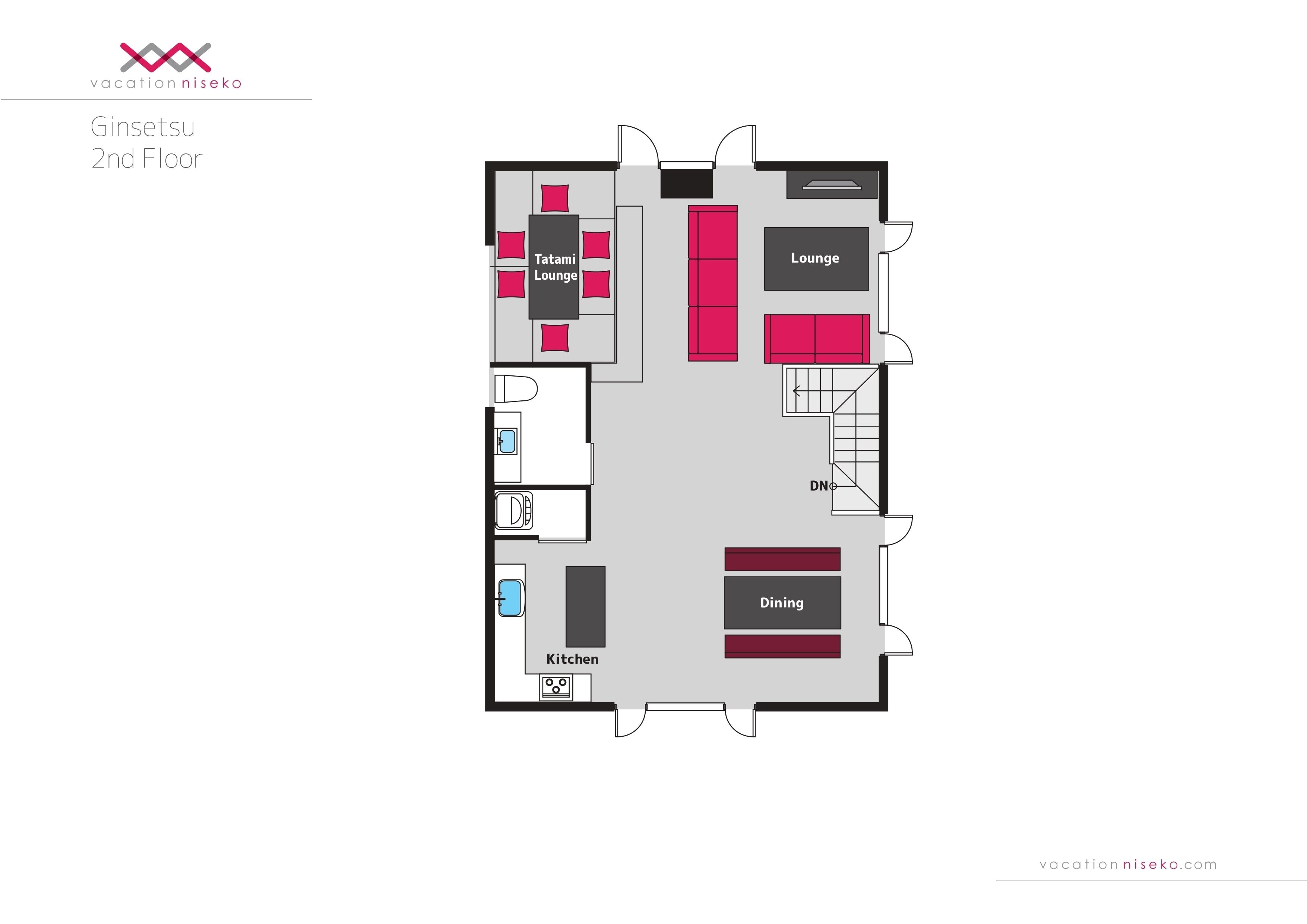 A floor plan of a hotel with a Tatami Lounge, Lounge, Dining area, Kitchen, and a DN (Door Not Visible) section.