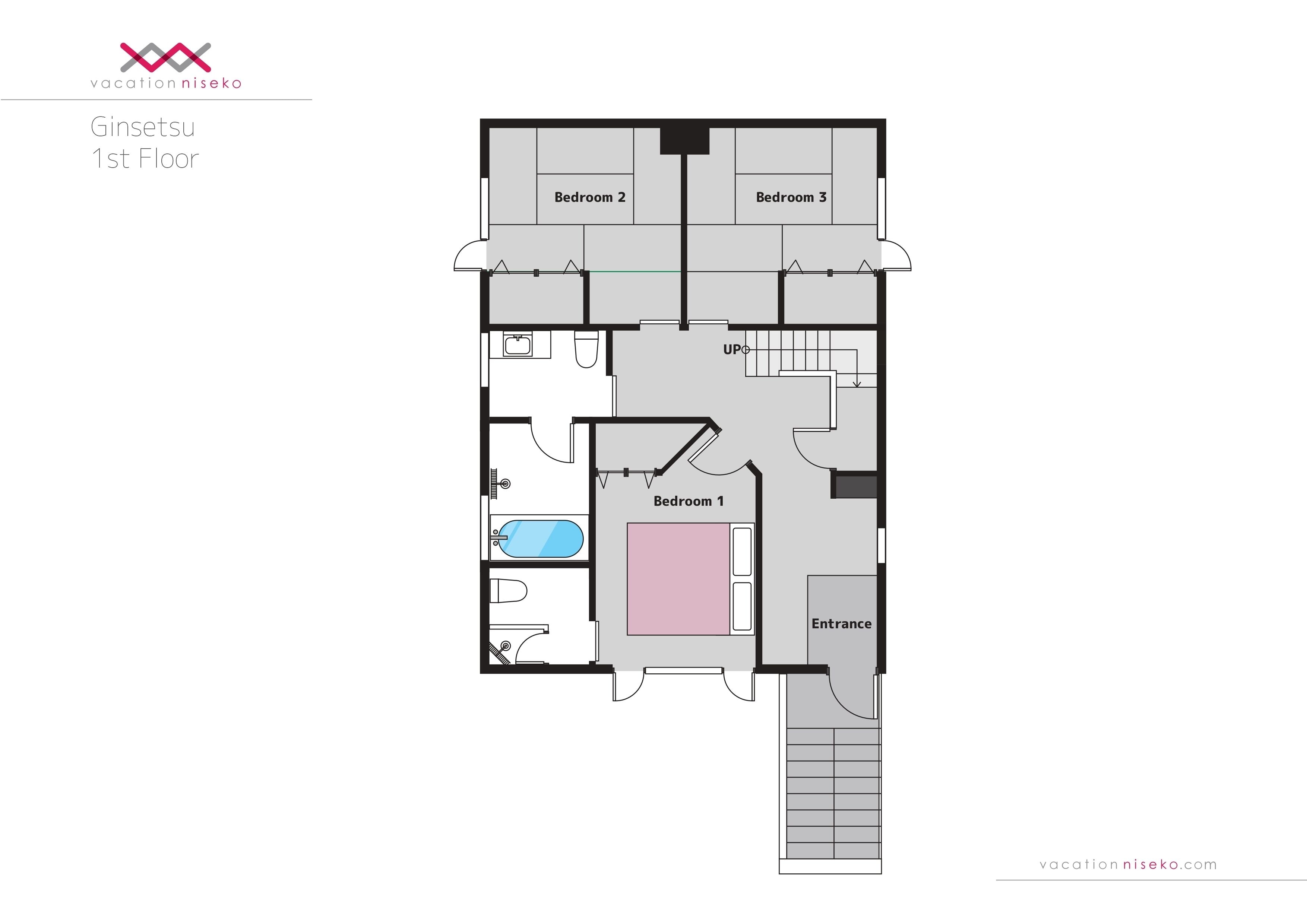 Plattegrond van de eerste verdieping van een gebouw met drie slaapkamers, een badkamer en een inkom.
