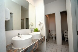 Bathroom features two sinks, a mirror, and a shower area with a showerhead.