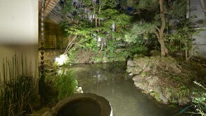 A serene garden with a pond, surrounded by lush greenery and trees.