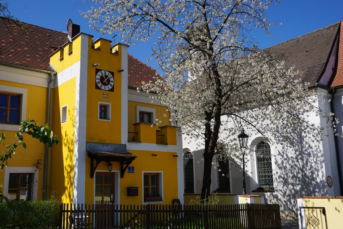 Ein gelbes Gebäude mit einer Uhr, ein Baum mit Blüten und ein Zaun.
