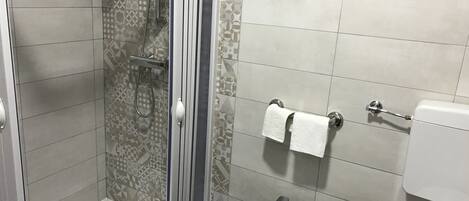 Un bagno con doccia, lavandino e WC.