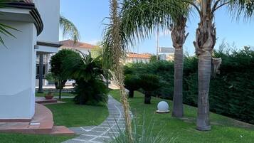 Un jardín bien cuidado con palmeras, un sendero de piedra y un edificio blanco con tejado rojo.