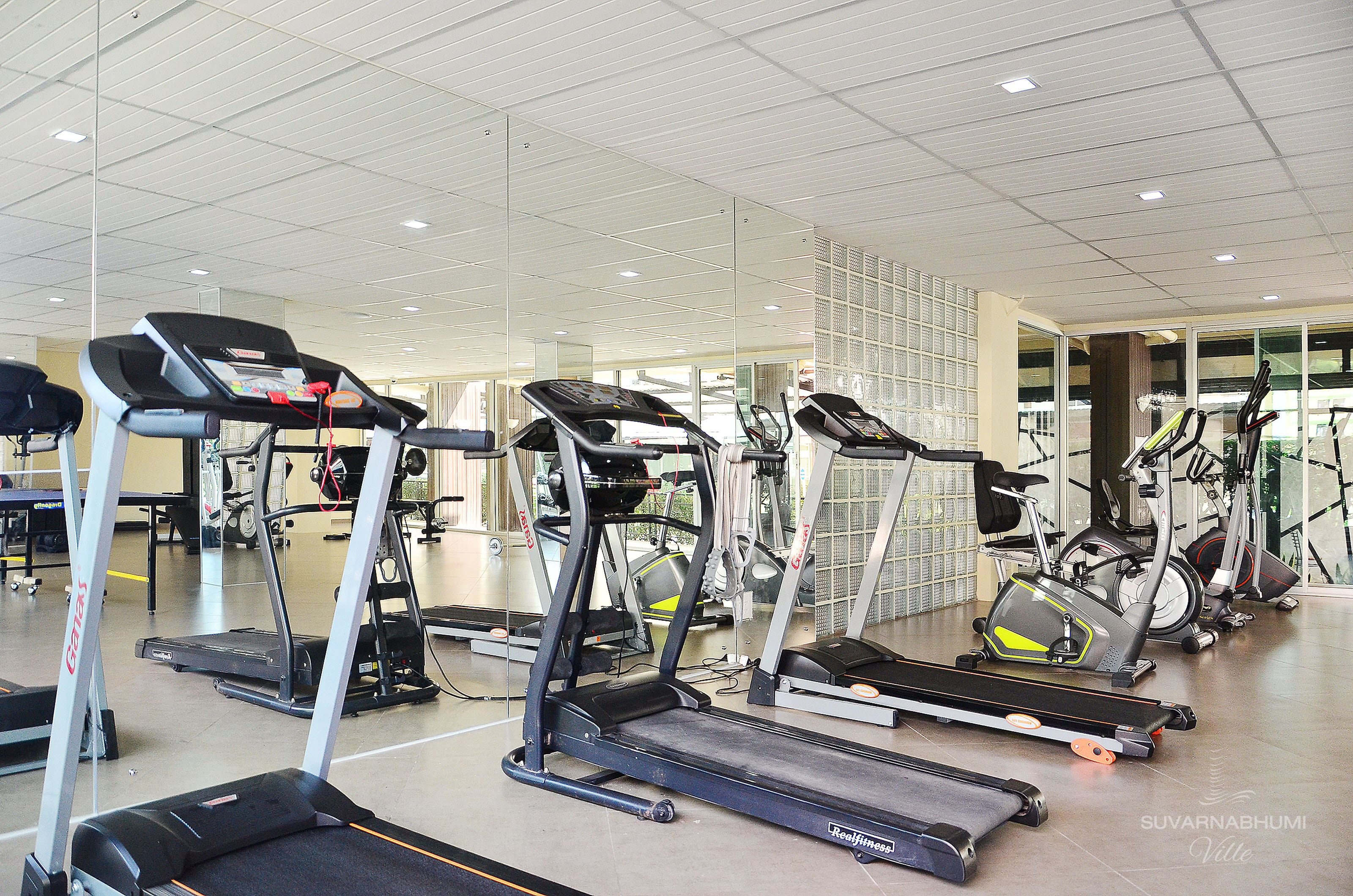 A gym with multiple treadmills and exercise equipment.