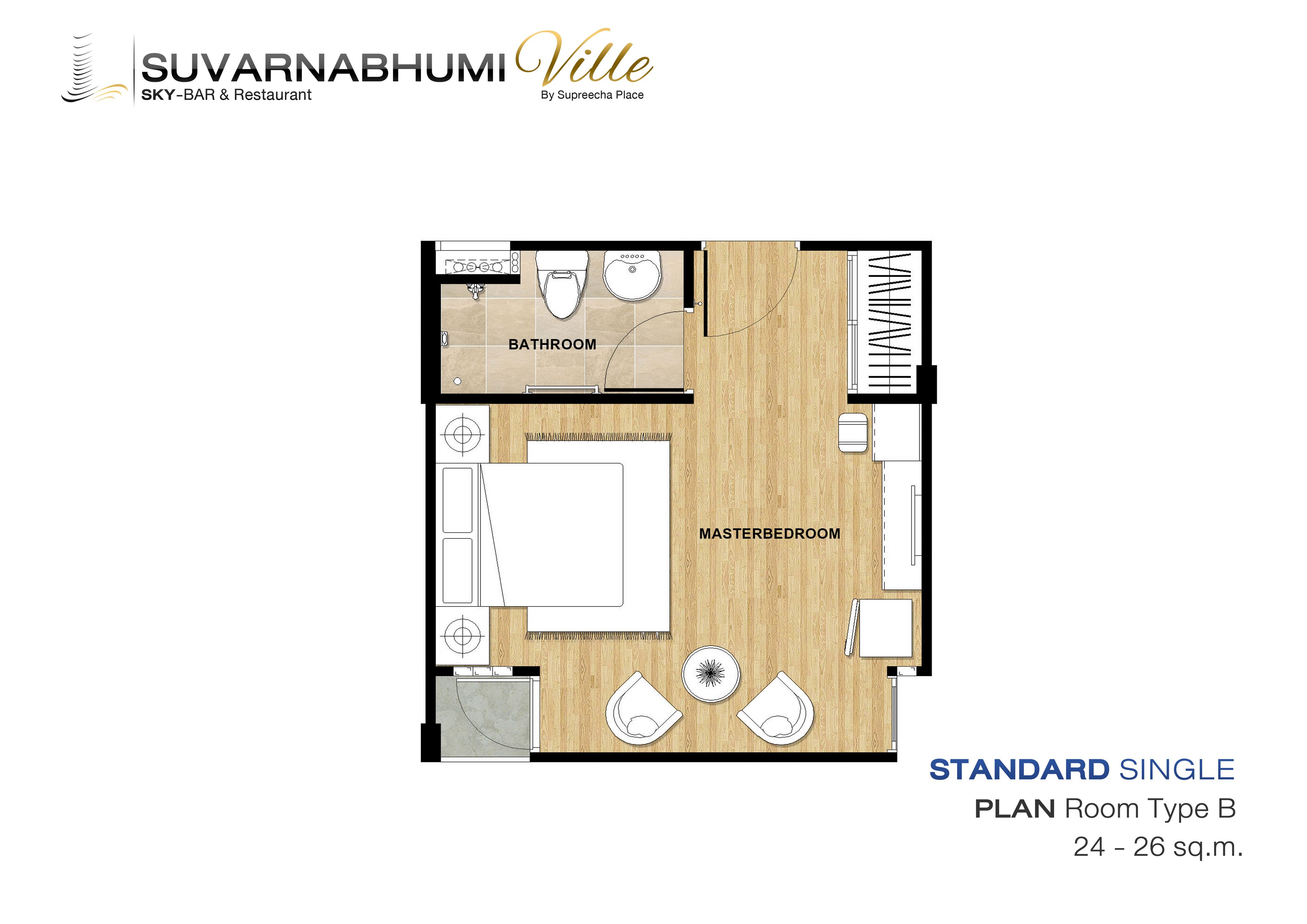 A standard single room layout with a master bedroom, bathroom, and kitchenette.