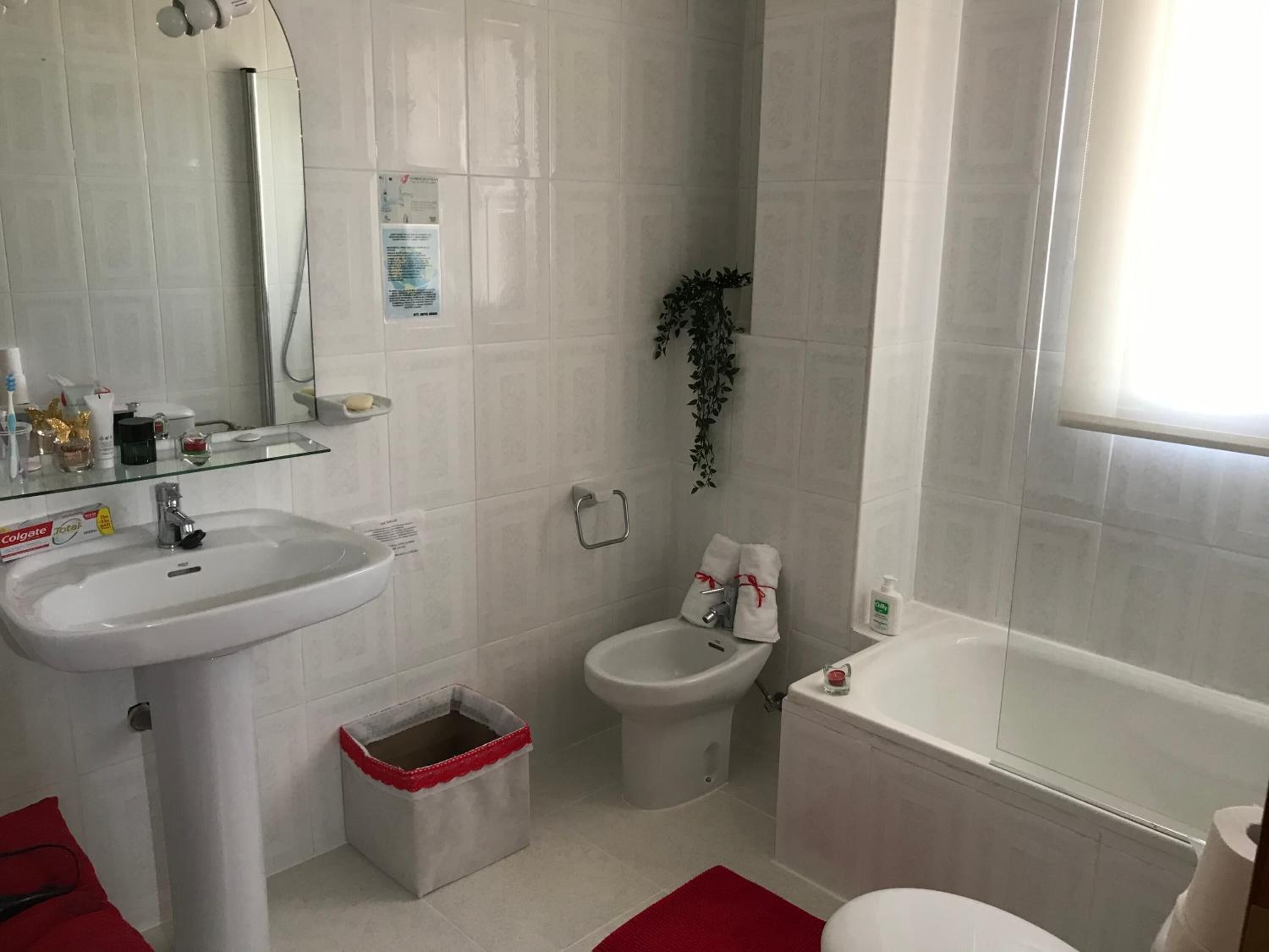 free toiletries, hair dryer, bidet, towels