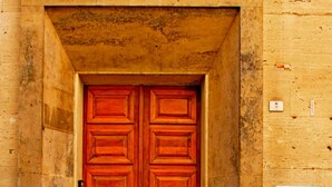A double wooden door with a metal handle, set in a stone wall with a tiled floor.