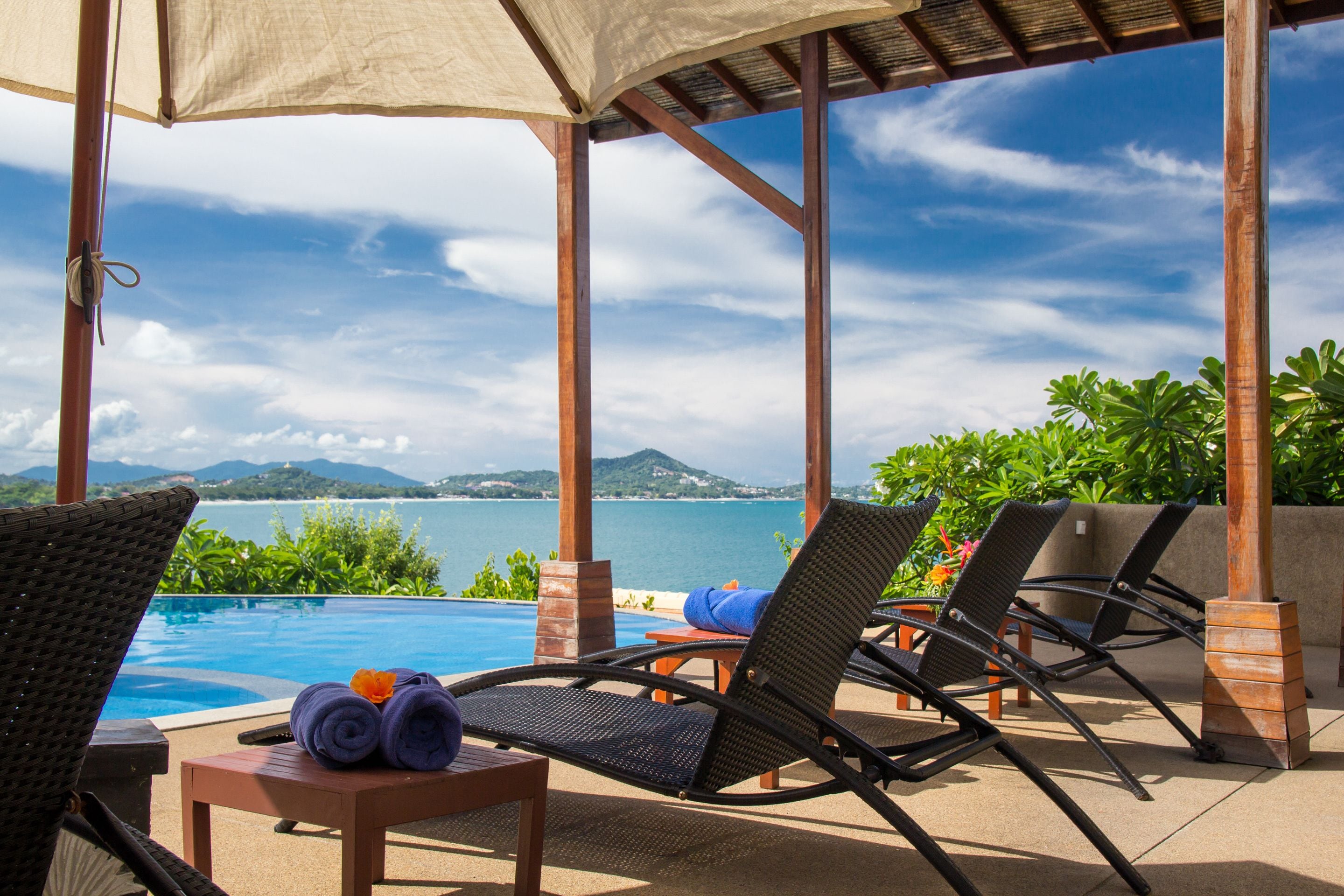 outdoor pool, pool umbrellas, pool loungers