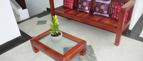 A wooden sofa with patterned cushions and a glass-top coffee table with a potted plant.