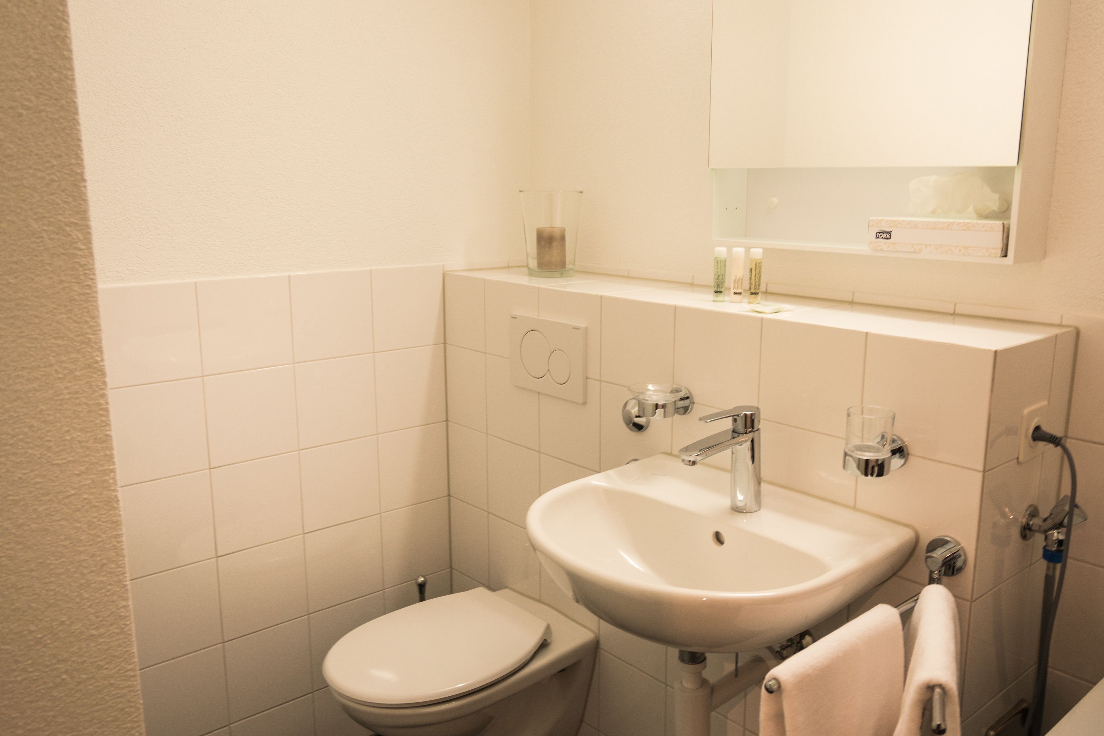 Un baño con inodoro blanco, lavamanos y espejo sobre el lavamanos.