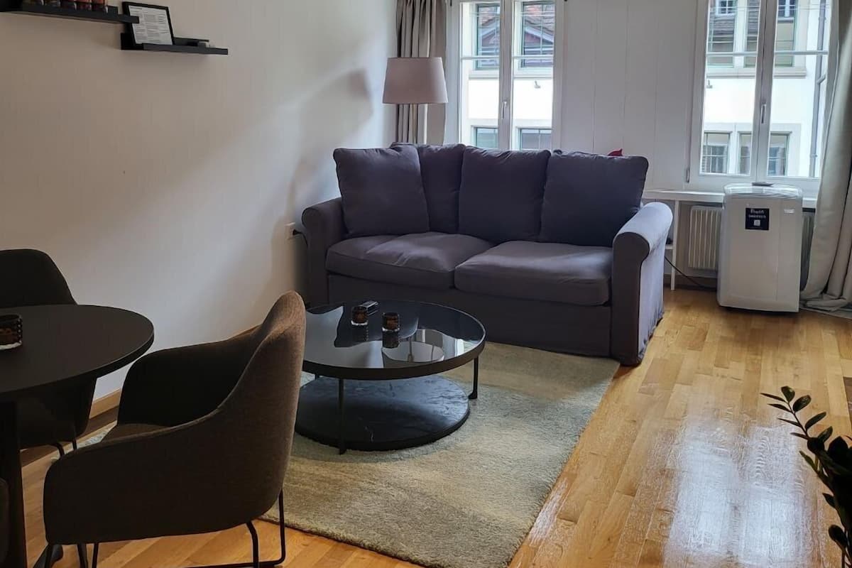 A modern living room with a grey sofa, a round coffee table, and a small dining table with chairs. There is a window with curtains, a radiator, and a ceiling light fixture.