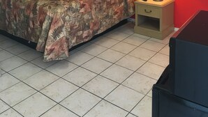 A bedroom with a bed, a bedside table with a lamp, and a red wall. - Shelton Motel (Rio Grande)
