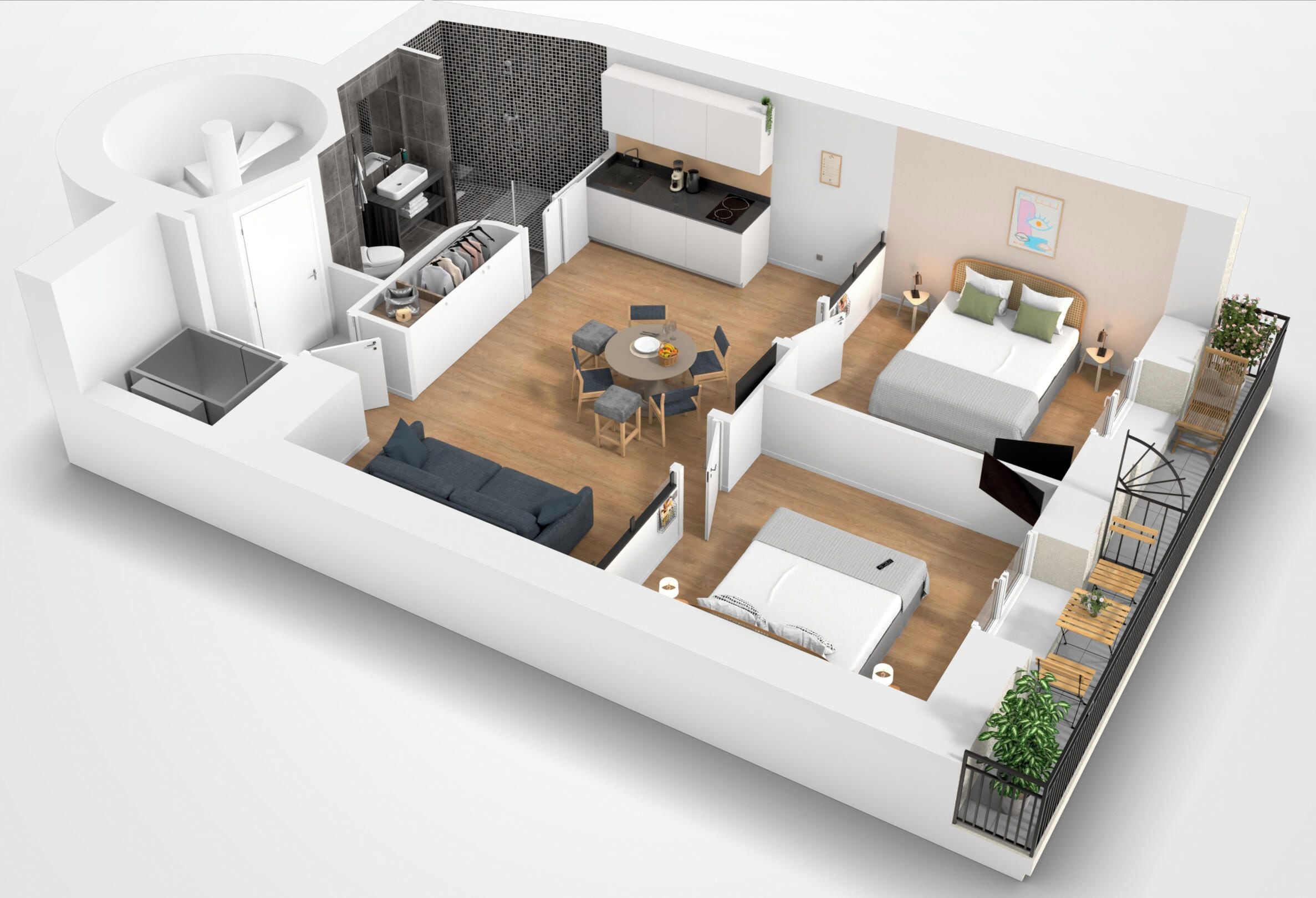 Distribución moderna de un apartamento con cocina, comedor, sala de estar y dormitorio.