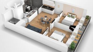 Distribución moderna de un apartamento con cocina, comedor, sala de estar y dormitorio.