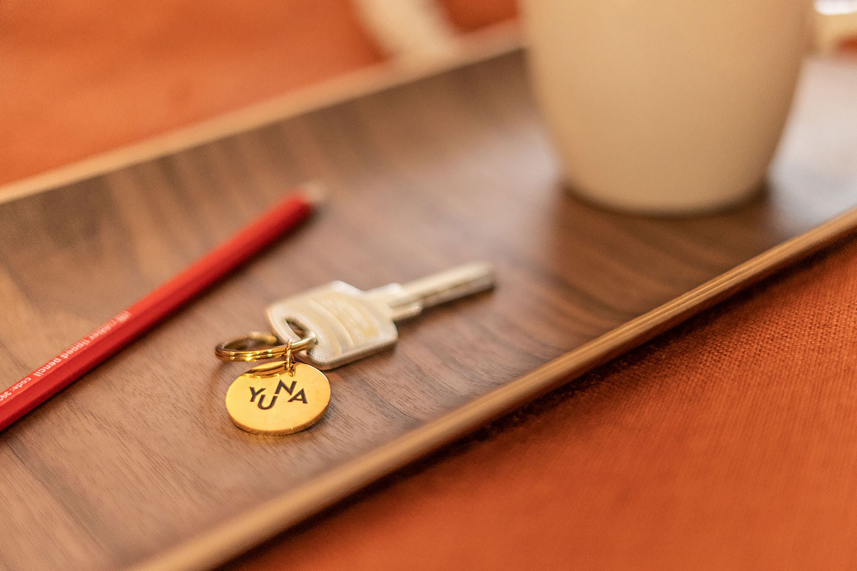 A tray with keys and a keychain on a wooden surface.