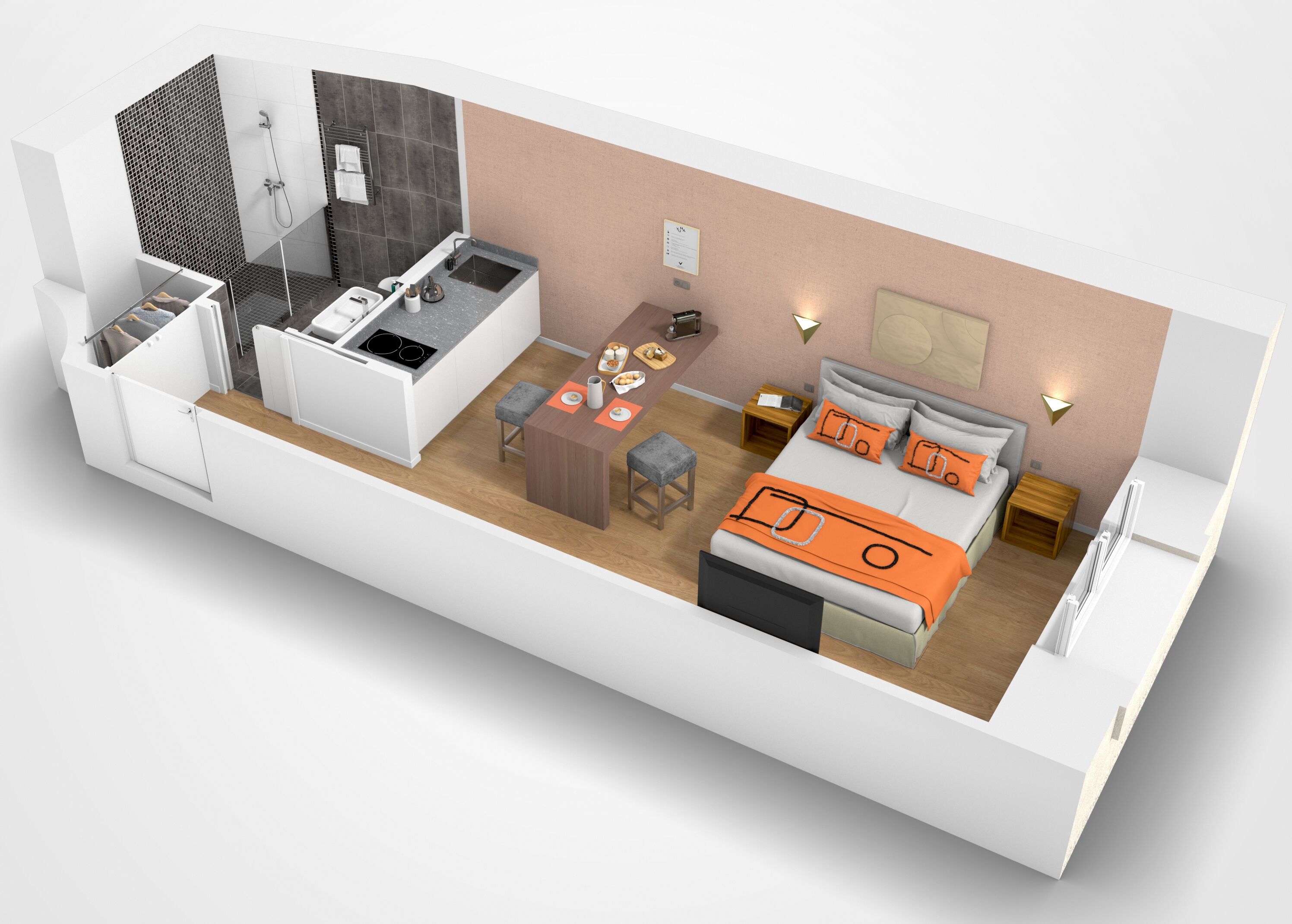 Un appartement moderne comprenant une cuisine, un coin repas et une chambre.