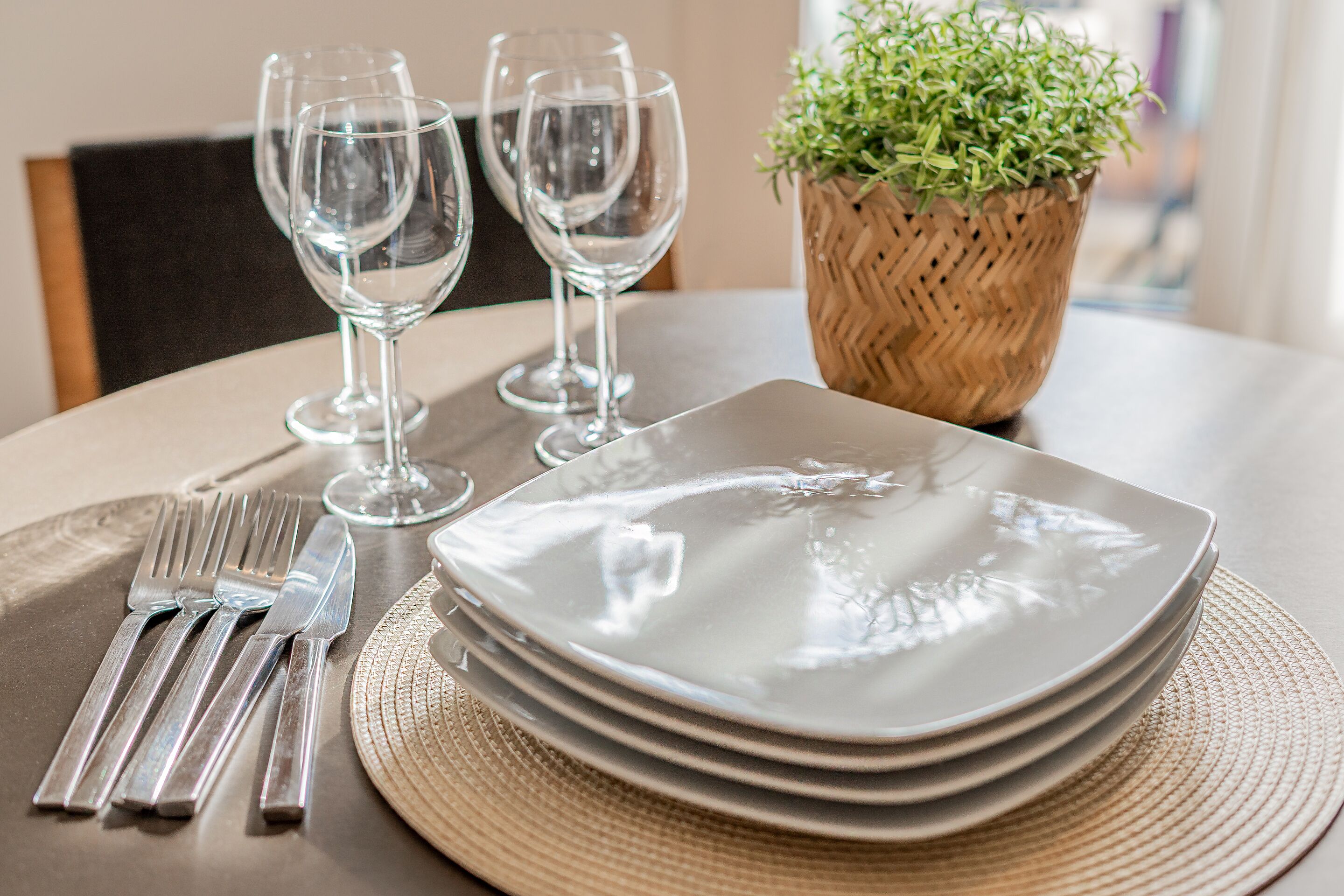 A dining table set with plates, cutlery, and wine glasses, accompanied by a woven placemat and a potted plant.