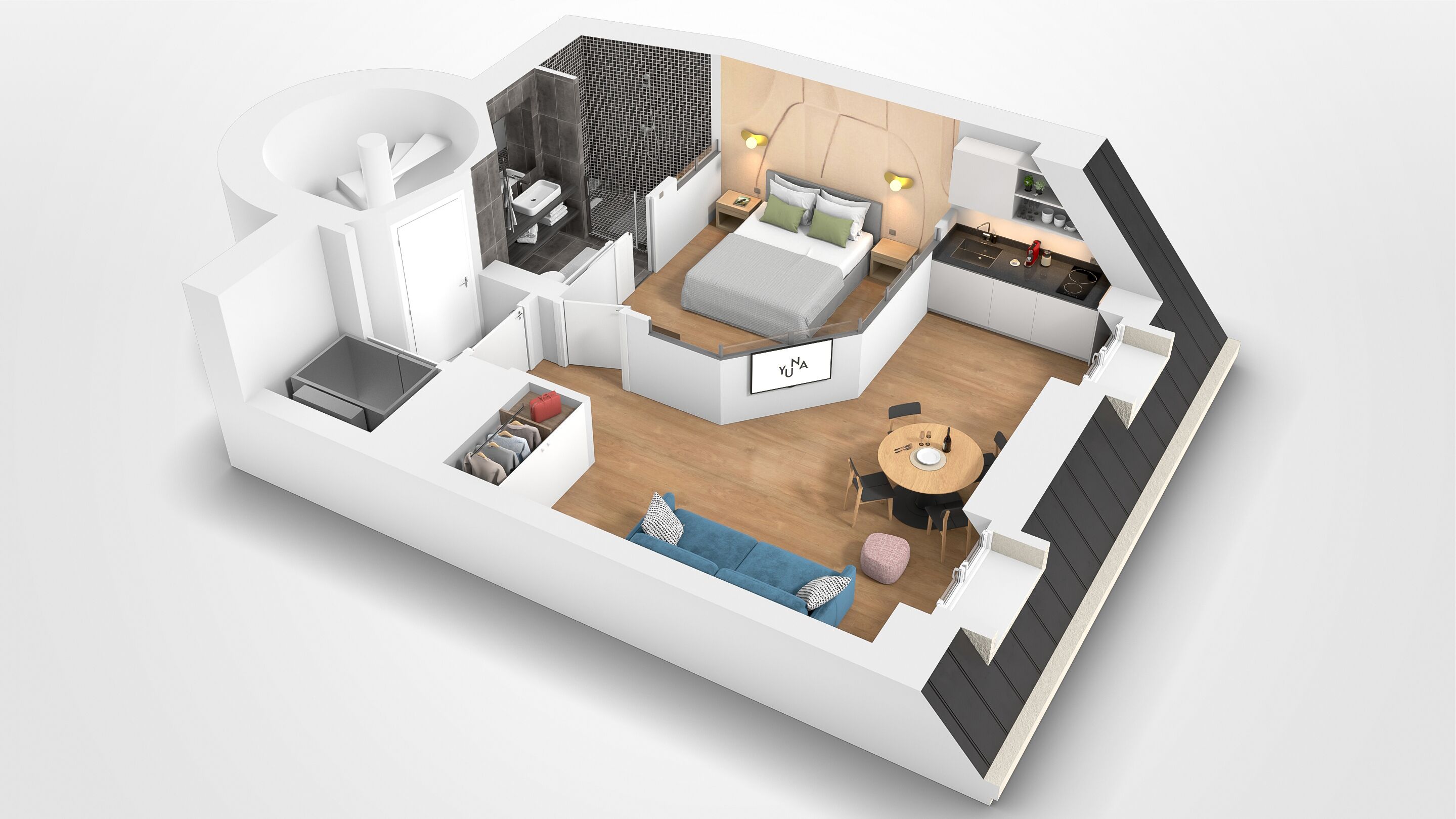 Eine 3D-Darstellung einer modernen Wohnung mit Küche, Essbereich, Wohnzimmer und Bad.