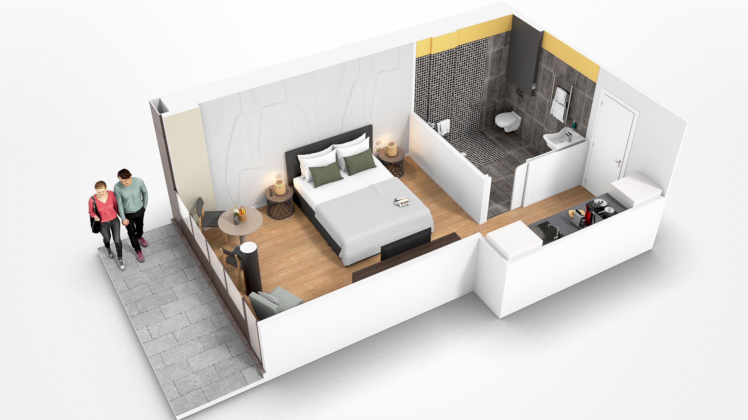Ein modernes Hotelzimmer mit großem Bett, eigenem Badezimmer, einer kleinen Sitzecke und einer Küchenzeile.