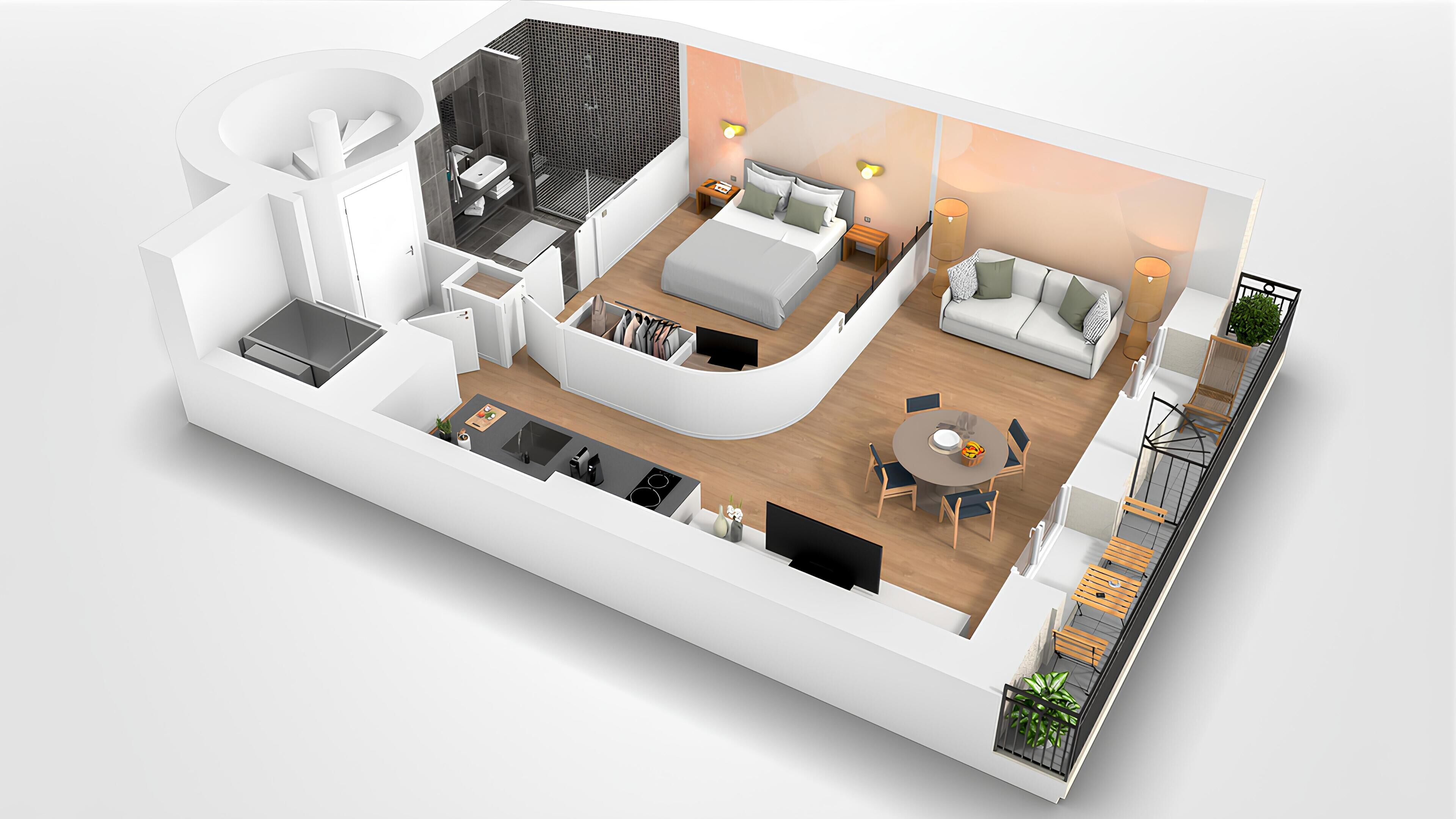 Une représentation en 3D d’un appartement moderne comprenant une cuisine, un coin repas, un salon et un balcon.