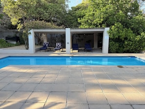 Seasonal outdoor pool, sun loungers