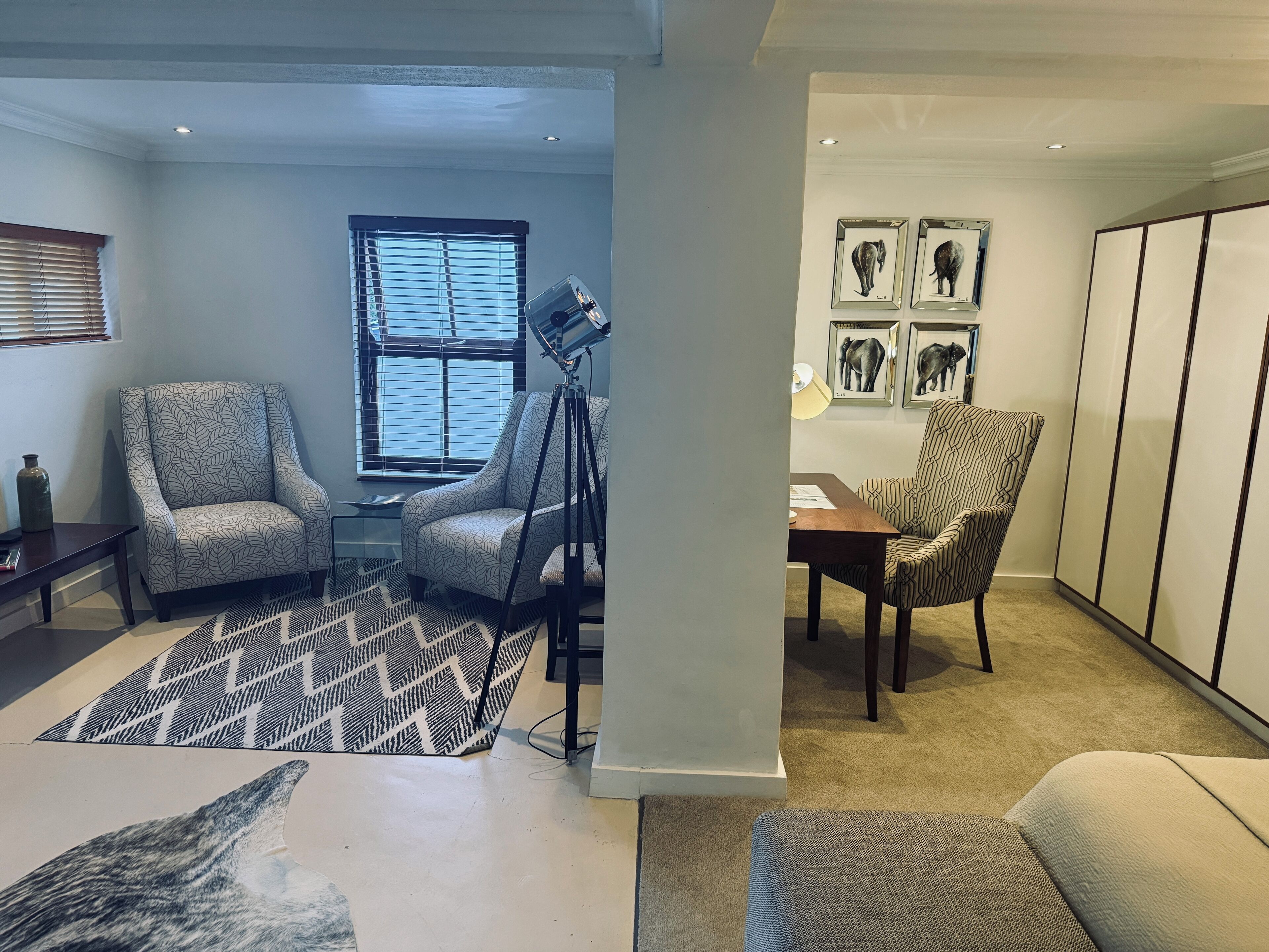 A modern living room with two armchairs, a floor lamp, a patterned rug, and a small table.