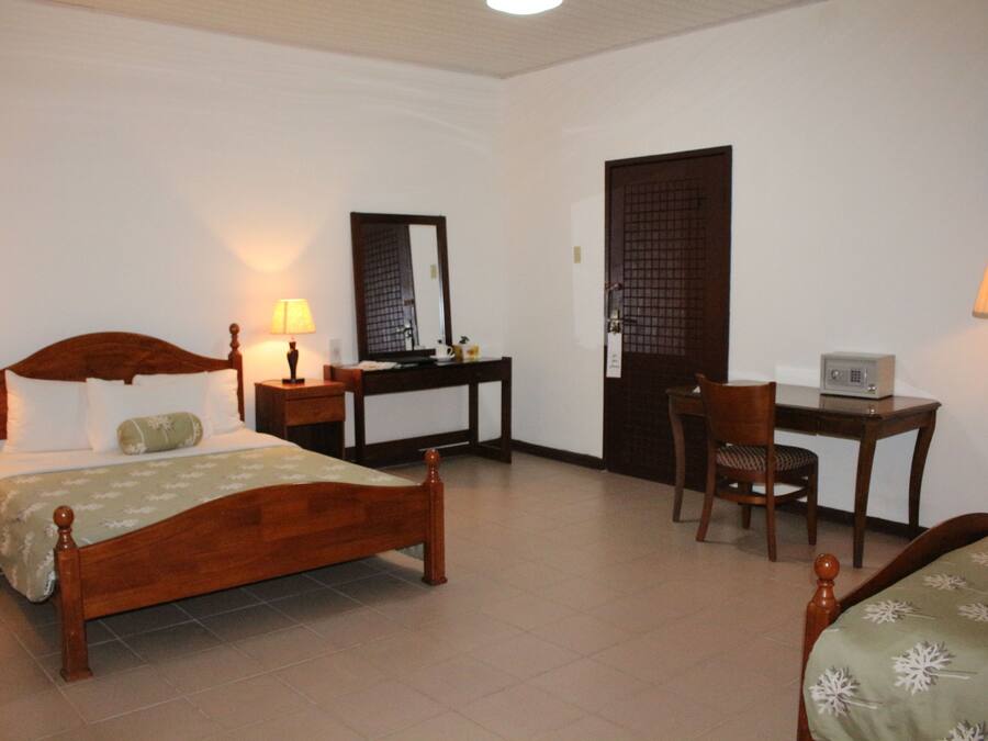 A bedroom with a wooden bed, a desk, a chair, a mirror, and a television.