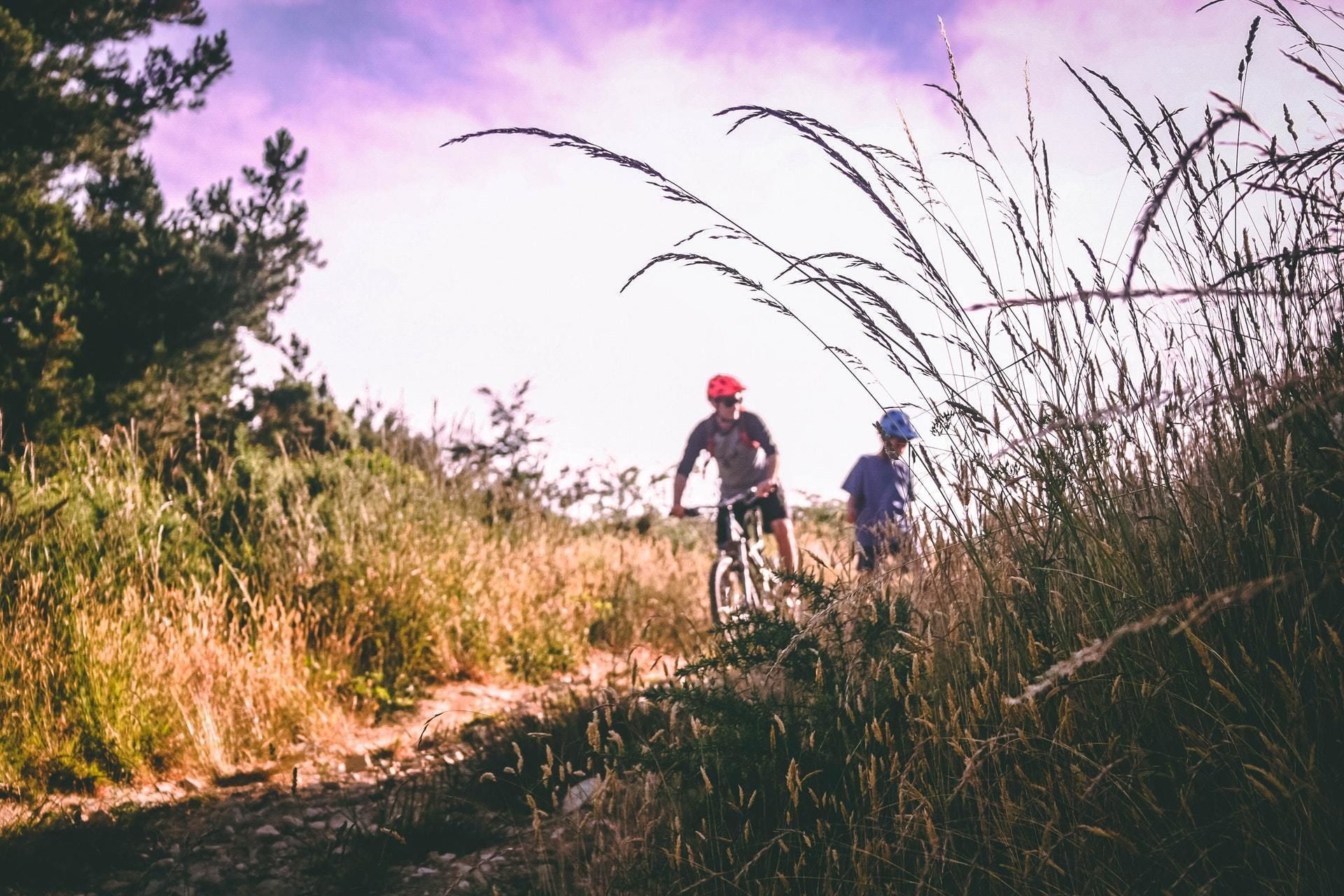 Twee fietsers op een onverhard pad, omgeven door hoog gras en bomen.