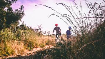 Twee fietsers op een onverhard pad, omgeven door hoog gras en bomen.