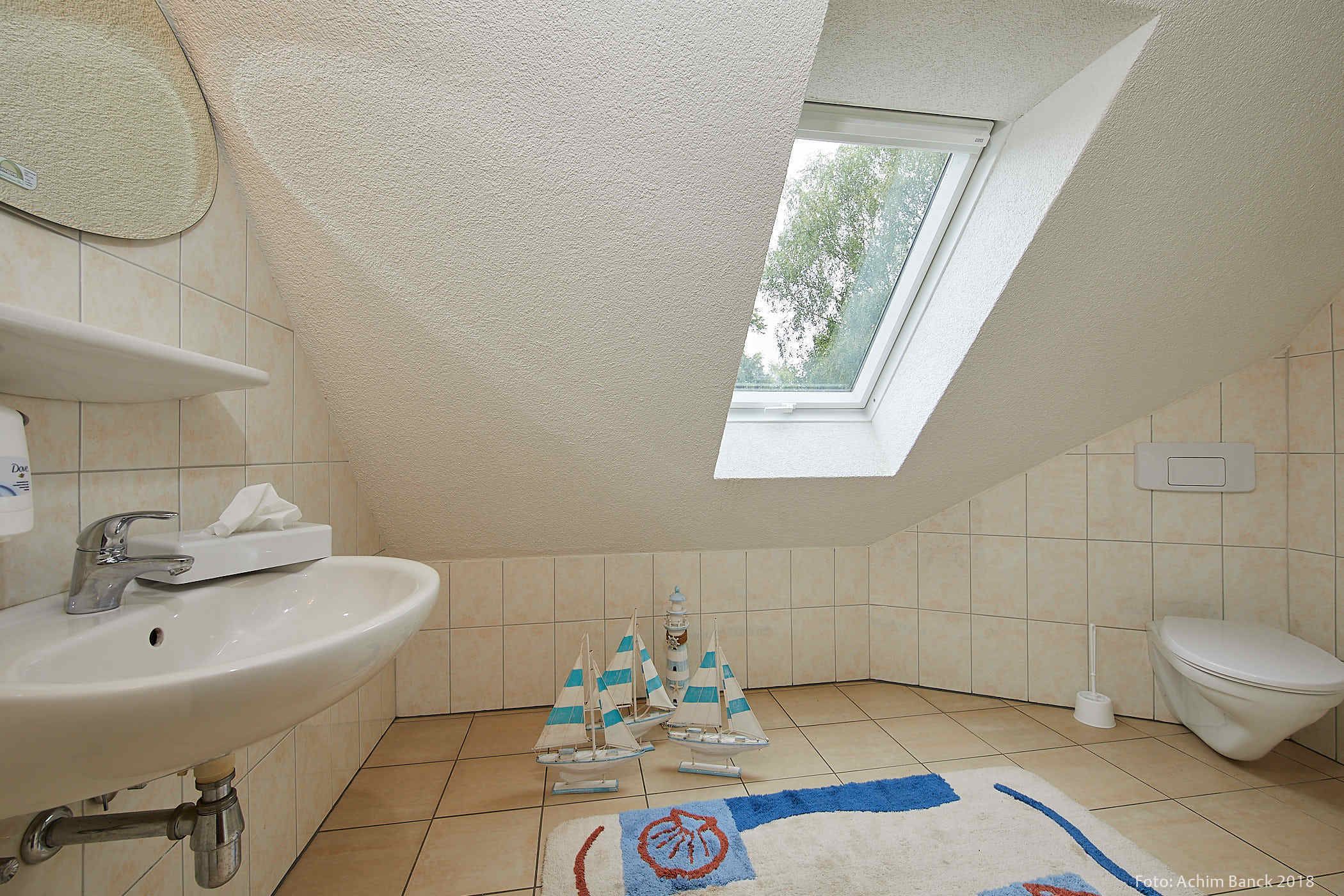 Een badkamer met dakraam, een wastafel, toilet en een klein model zeilboot.