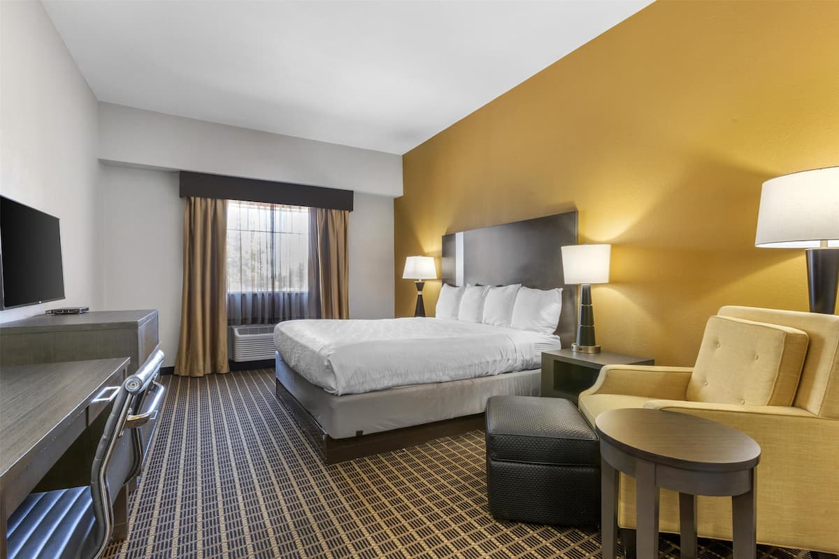 Habitación de hotel con cama, escritorio, silla, televisor y dos lámparas.