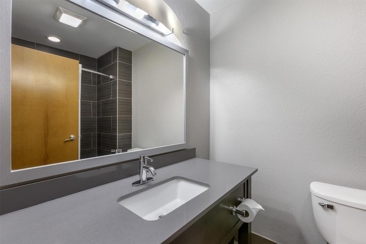 suite, 1 king bed, non smoking, refrigerator & microwave (with sofabed) | bathroom | free toiletries, hair dryer, towels, soap