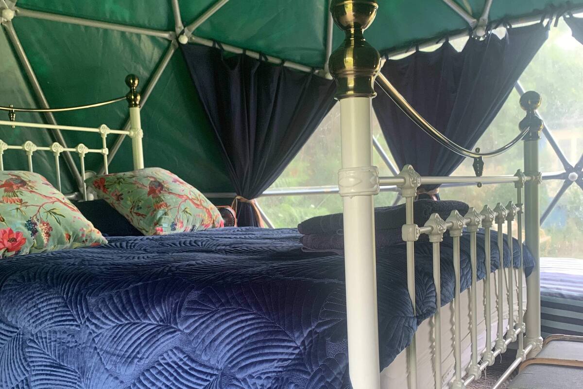 A bed with a white frame and blue bedding, under a green canopy tent.
