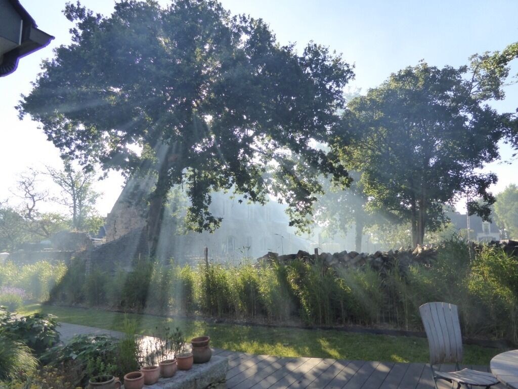 Un jardín con un gran árbol, un muro de piedra y una terraza de madera con una silla y una mesa.
