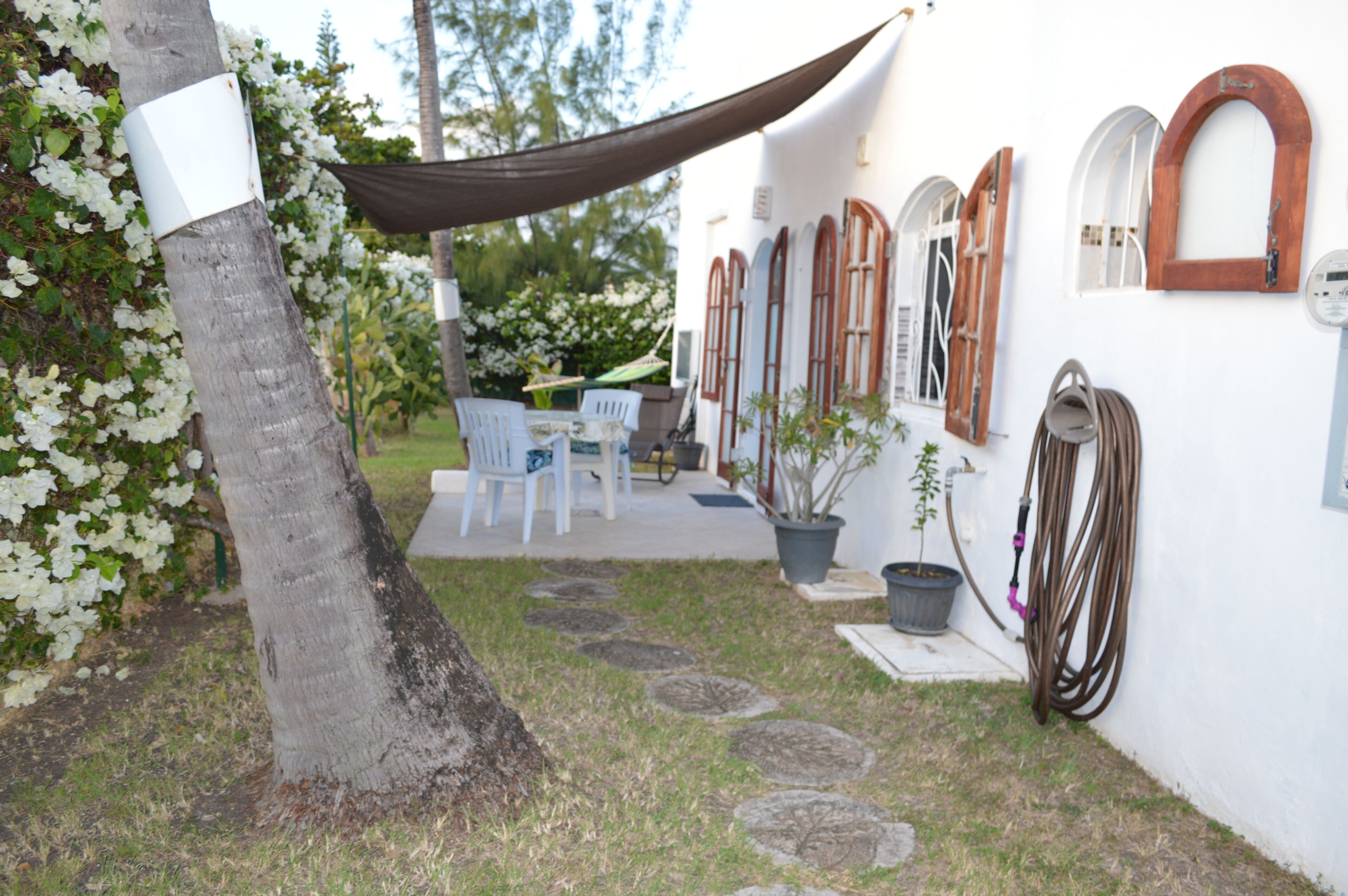 Un bâtiment blanc doté d’un jardin agrémenté d’un arbre, de plantes en pot et de mobilier d’extérieur.