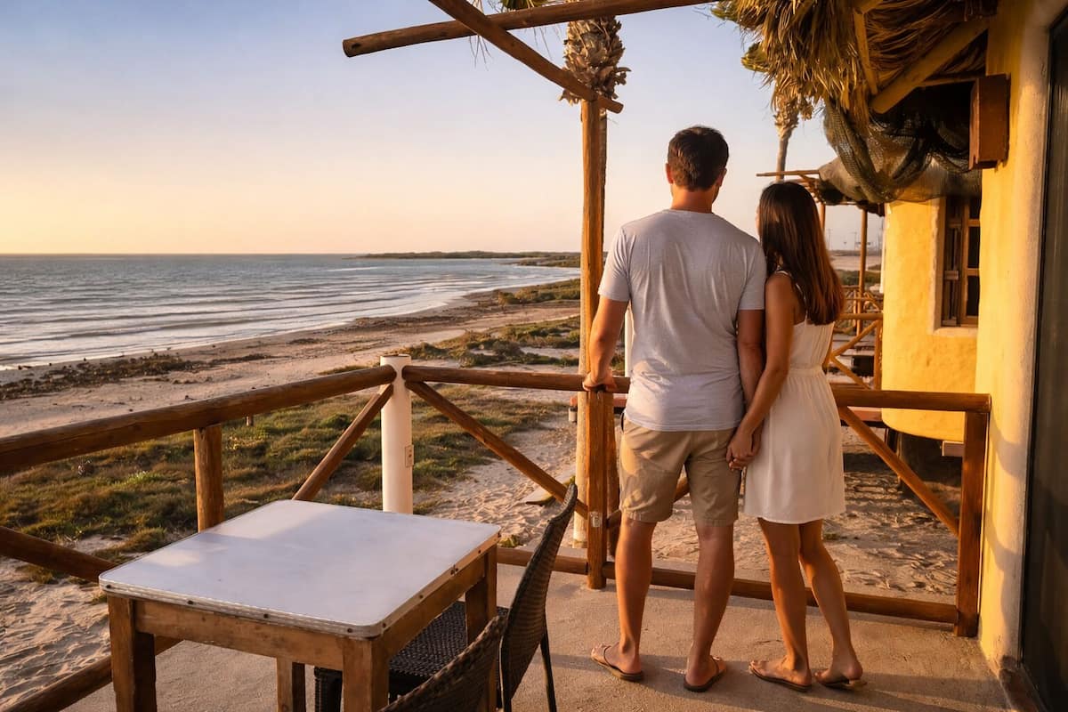 A couple standing by a wooden table and railing overlooking a beach.