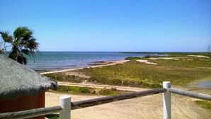 A beach view with a thatched-roof structure, sandy beach, and grassy areas. - Hotel Villas Mar y Arena (Comondu)
