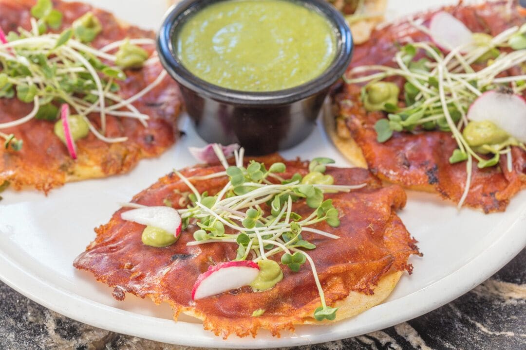 A plate of food with crispy bacon, radish slices, and sprouts, accompanied by a green sauce.