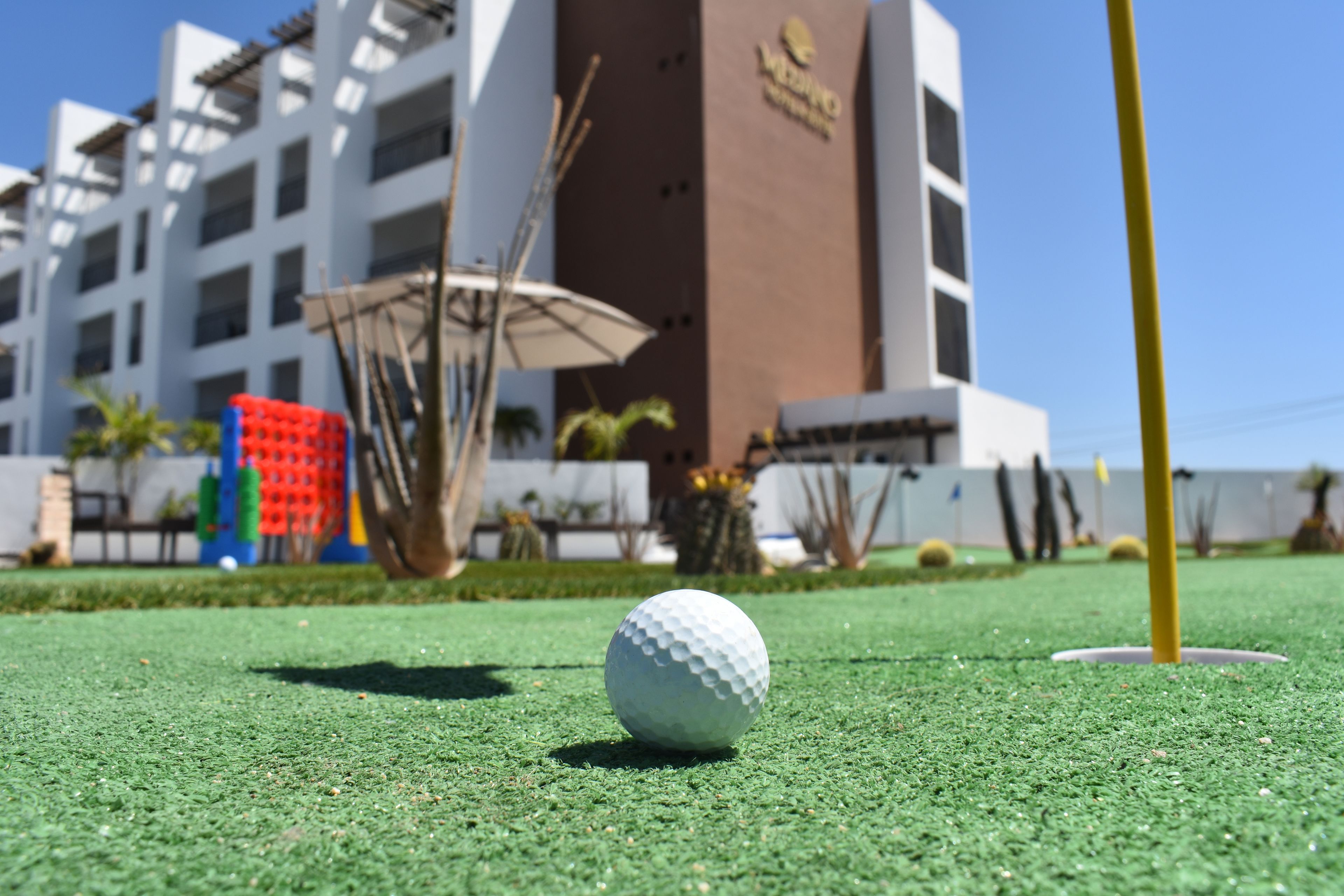 A golf ball on a green surface with a building in the background.