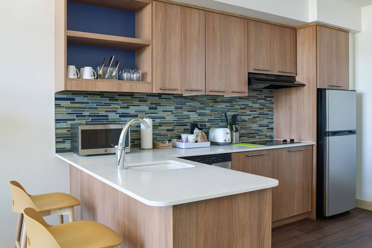 fridge, microwave, dishwasher, coffee/tea maker