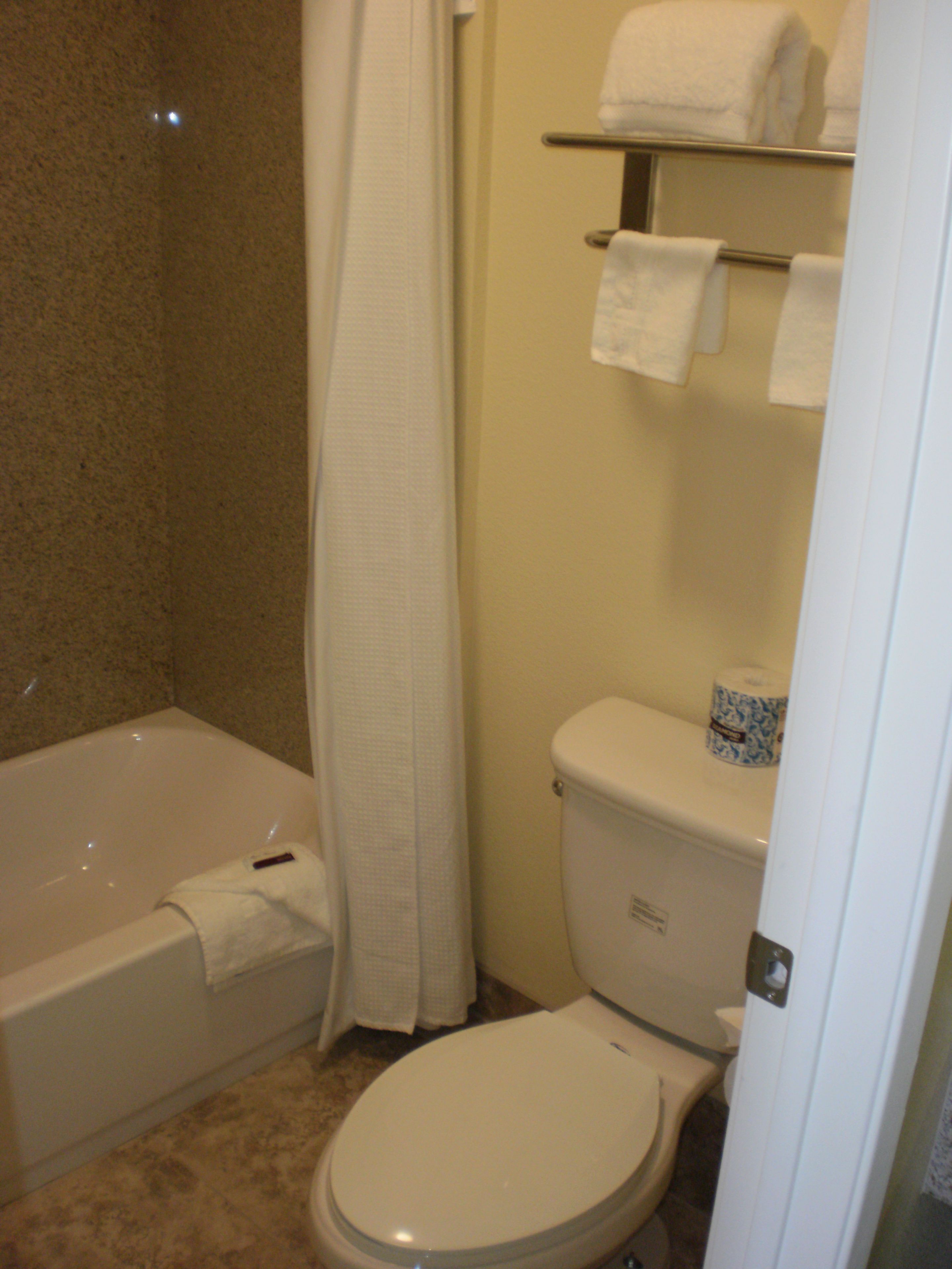 Une salle de bain équipée d’une baignoire, de toilettes et d’un porte-serviettes avec des serviettes.