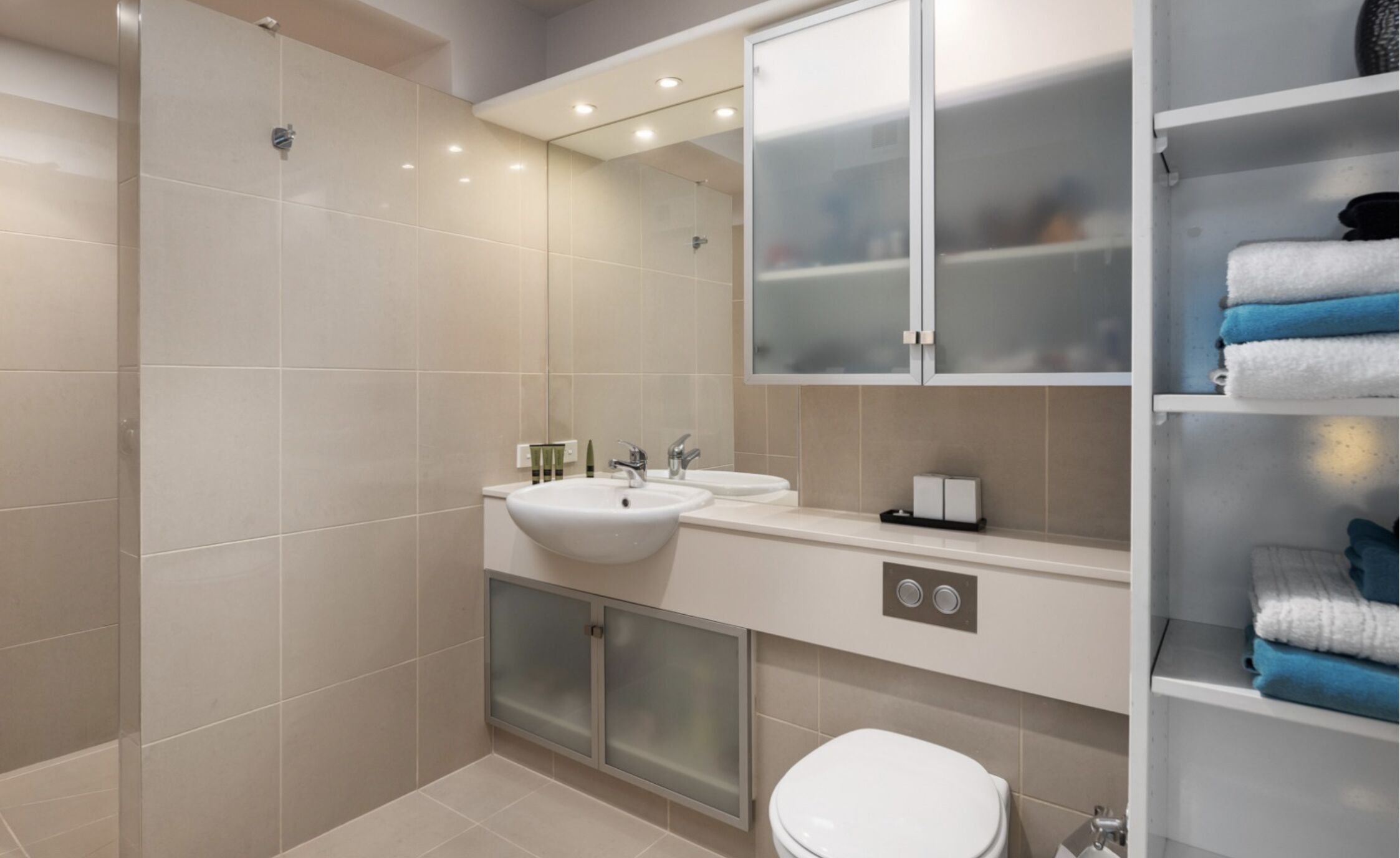 A modern bathroom with a walk-in shower, a sink with a mirror above, and a toilet. There are glass-front cabinets above the sink and a towel rack with folded towels.