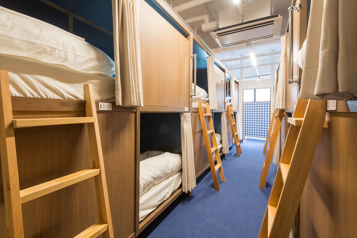 A corridor with bunk beds, wooden ladders, and a blue carpet.