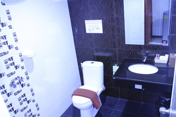 A bathroom with a toilet, a sink, and a mirror.