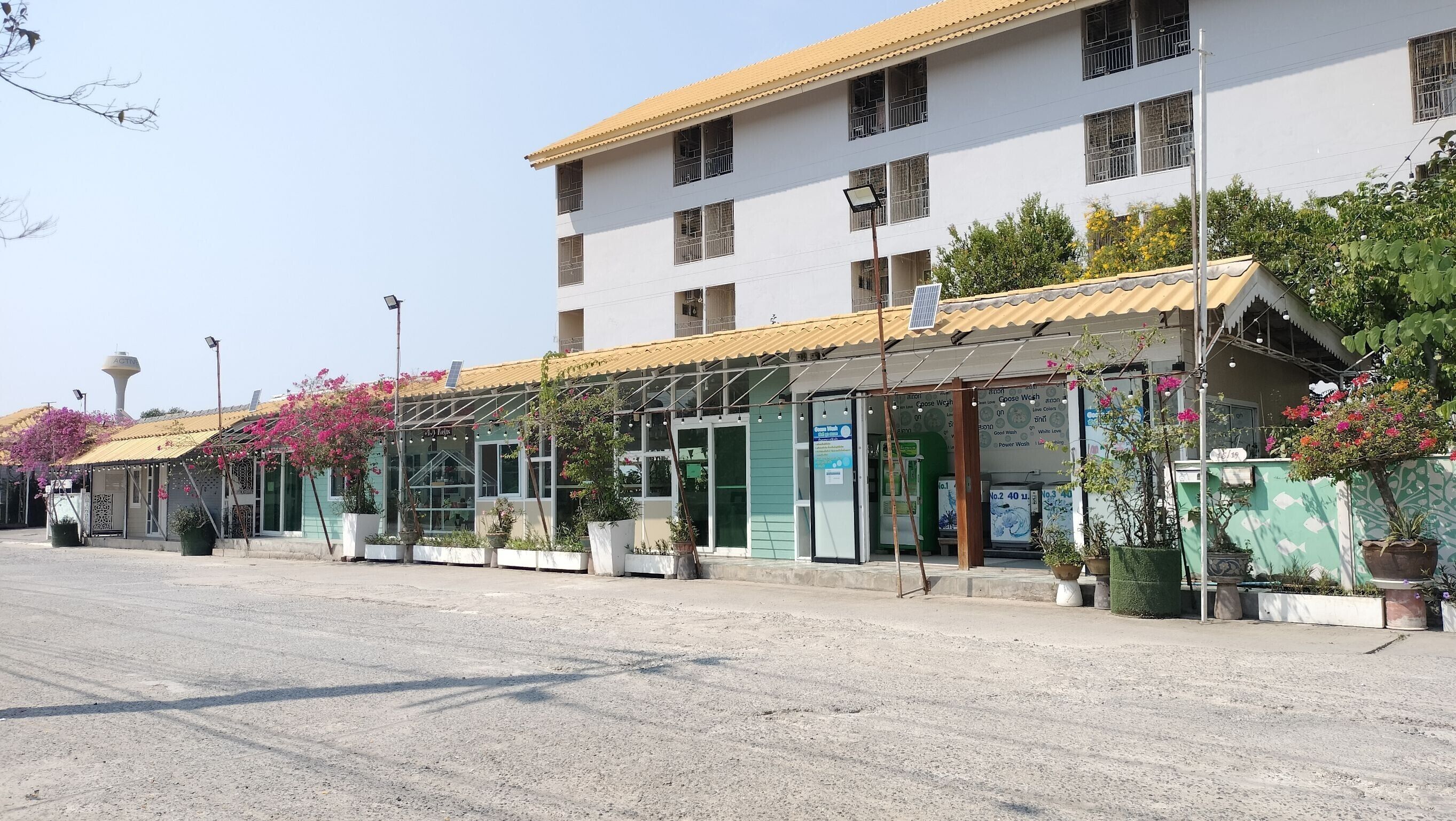 A building with a flat roof, multiple windows, and a covered entrance area with potted plants.